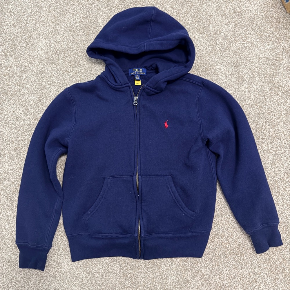 Polo Ralph Lauren Zip Hoodie Kids Size M 10-12 Navy Blue Red Pony Fleece